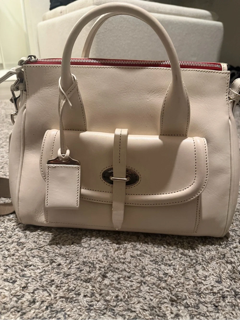Dooney & Bourke Cream Leather Satchel with Front Pocket and Top Handles